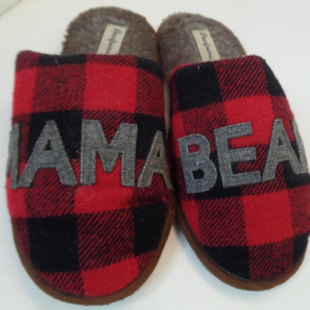 Dearfoams Black & Red Check Wool Mama Bear Comfort Slippers Sz 7/8